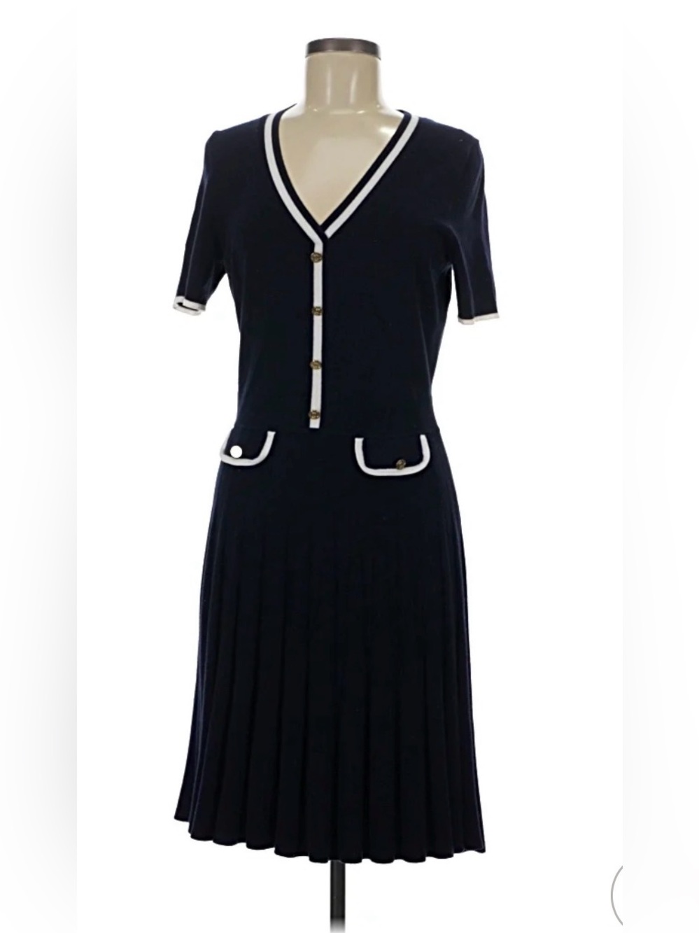 Draper James Navy V-Neck Stripe Sweater Dress with White Trim